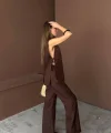 YAKA MİDYE KABUĞU SIRALI YELEK - PANTOLON  TAKIM KETEN KUMAŞ - Kahverengi