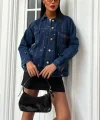 Yaka Siyah Garni Pul Payet Taşlı Oversize Denim Ceket 6125
