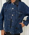 Yaka Siyah Garni Pul Payet Taşlı Oversize Denim Ceket 6125