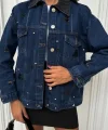 Yaka Siyah Garni Pul Payet Taşlı Oversize Denim Ceket 6125