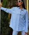 Yaka Ve Cebi Taşlı Çizgili Over Gömlek 3406