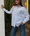 Yaka Ve Cebi Taşlı Çizgili Over Gömlek 3406