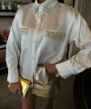 Yaka Ve Cep İnci Taşlı Saten Gömlek 3423