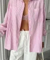 YAKA VE MANŞET BEYAZ  BOYFRİEND ÇİZGİLİ  POPLİN GÖMLEK - Pembe