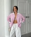 YAKA VE MANŞET BEYAZ  BOYFRİEND ÇİZGİLİ  POPLİN GÖMLEK - Pembe