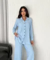 Yakalı Düğmeli Uzun Kollu Gömlek Pantolon ikili Takım - Bebek Mavisi