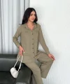 Yakalı Düğmeli Uzun Kollu Gömlek Pantolon Ikili Takım - Bej