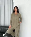 Yakalı Düğmeli Uzun Kollu Gömlek Pantolon ikili Takım - Bej
