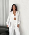 Yakalı Düğmeli Uzun Kollu Gömlek Pantolon Ikili Takım - Beyaz