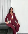 Yakalı Düğmeli Uzun Kollu Gömlek Pantolon Ikili Takım - Bordo