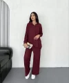 Yakalı Düğmeli Uzun Kollu Gömlek Pantolon ikili Takım - Bordo