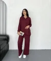 Yakalı Düğmeli Uzun Kollu Gömlek Pantolon Ikili Takım - Bordo