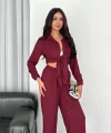 Yakalı Düğmeli Uzun Kollu Gömlek Pantolon ikili Takım - Bordo