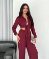 Yakalı Düğmeli Uzun Kollu Gömlek Pantolon Ikili Takım - Bordo