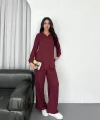Yakalı Düğmeli Uzun Kollu Gömlek Pantolon ikili Takım - Bordo
