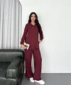 Yakalı Düğmeli Uzun Kollu Gömlek Pantolon Ikili Takım - Bordo