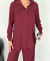 Yakalı Düğmeli Uzun Kollu Gömlek Pantolon ikili Takım - Bordo