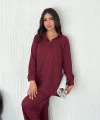 Yakalı Düğmeli Uzun Kollu Gömlek Pantolon ikili Takım - Bordo