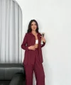 Yakalı Düğmeli Uzun Kollu Gömlek Pantolon ikili Takım - Bordo