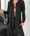 Yakalı Düğmeli Uzun Kollu Gömlek Pantolon Ikili Takım - Siyah