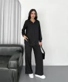 Yakalı Düğmeli Uzun Kollu Gömlek Pantolon ikili Takım - Siyah