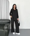 Yakalı Düğmeli Uzun Kollu Gömlek Pantolon Ikili Takım - Siyah