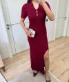 Yakalı Fitilli Kısa kollu Uzun Triko Elbise - Bordo