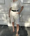 Yakalı Gömlek Kemerli Şortlu Takım - Beyaz