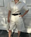 Yakalı Gömlek Kemerli Şortlu Takım - Beyaz