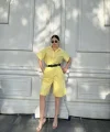 Yakalı Gömlek Kemerli Şortlu Takım - Sarı