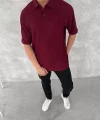 Yakalı Patlı Kısa Kol T-shirt - Bordo