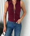 Yakalı Tam Fermuarlı Kolsuz Bluz - Bordo