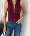 Yakalı Tam Fermuarlı Kolsuz Bluz - Bordo