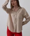 Yakası Ve Kolları Dantel Detaylı Gömlek - Bej