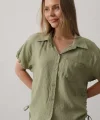 Yanlar Büzmeli Kısa Balon Kol Gömlek - Haki