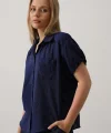 Yanlar Büzmeli Kısa Balon Kol Gömlek - Lacivert