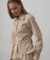 Yanları Büzgülü Çizgili Gömlek - Camel