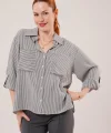 Yarasa Kol Çizgili Cep Detaylı Gri Gömlek