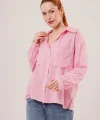 Yarasa Kol Çizgili Cep Detaylı Pembe Gömlek