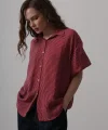 Yarım Balon Kol Çizgili Gömlek - Bordo