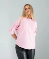 Yarım Düğme Pembe Çizgili Beyaz Gömlek