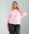 Yarım Düğme Pembe Çizgili Beyaz Gömlek