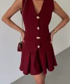 YELEK - PİLELİ ETEK GÖRÜNÜMLÜ ELBİSE - Bordo
