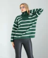 Yeşil Dik Yaka Çizgili Triko Kazak