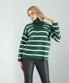 Yeşil Dik Yaka Çizgili Triko Kazak