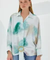 Yeşil Ekru Oversize Dökümlü Saten Gömlek 907