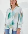 Yeşil Ekru Oversize Dökümlü Saten Gömlek 907