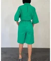Yeşil Kısa Kollu Keten Gömlek Ve Şort Takım