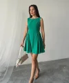 Yeşil Mini Boy Büzgülü Keten Elbise