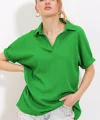 Yeşil Oversize Polo Yaka Örme Bluz 0486